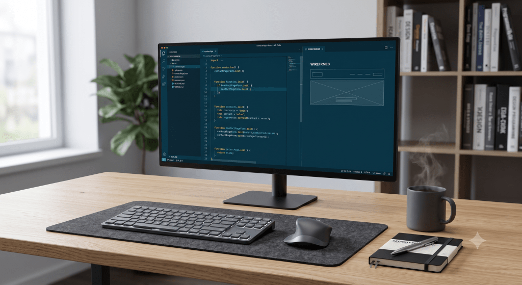 A modern and minimalist workspace with a sleek monitor, mouse, notebook, and a steaming coffee mug on an wooden desk, representing professional design services.