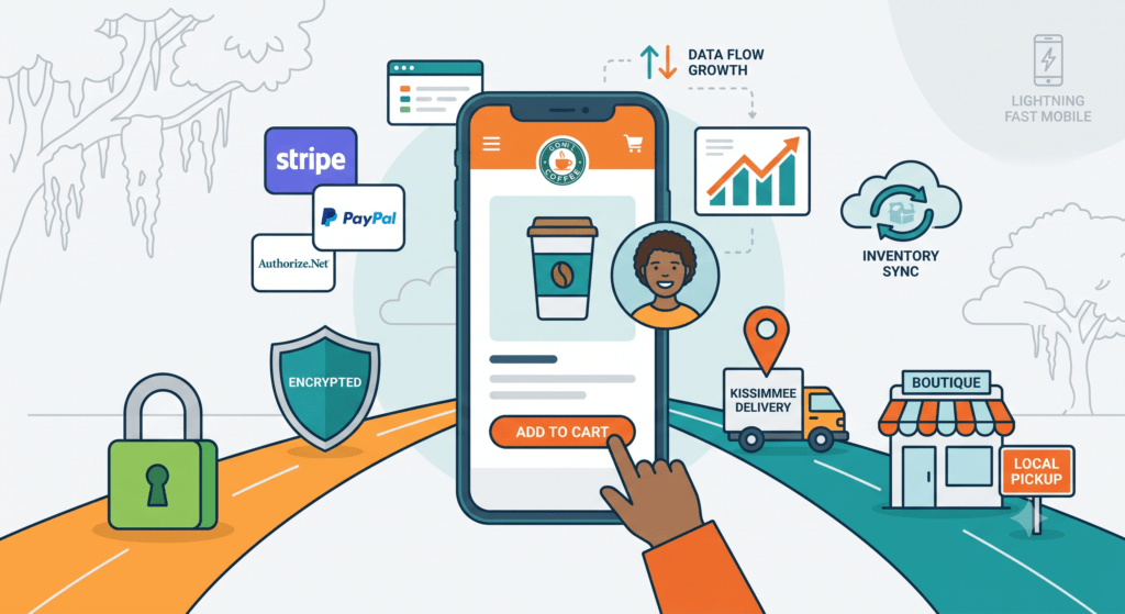 E-commerce mobile app interface showcasing secure online ordering, integrated payment methods, and local delivery services.