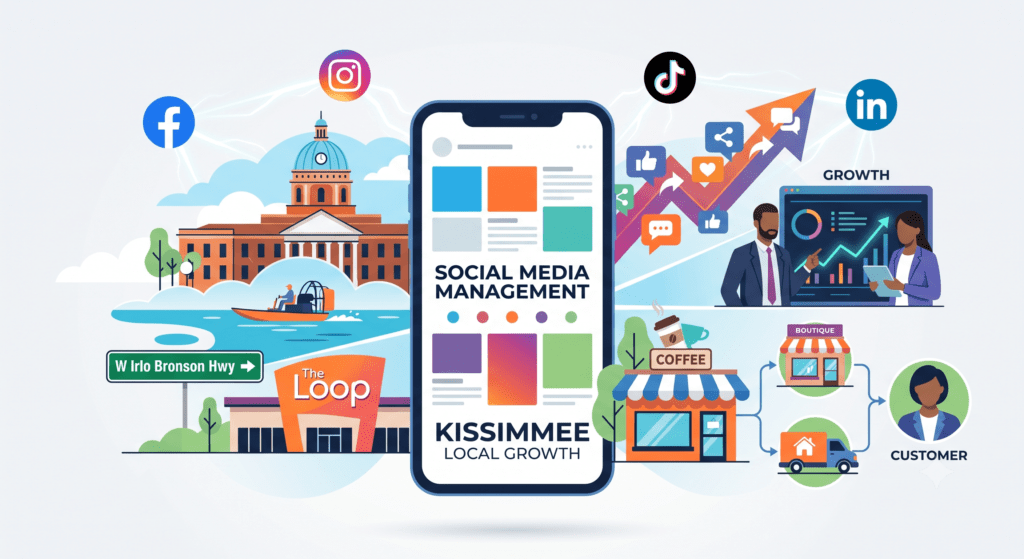Local marketing infographic illustrating social media management for small businesses, showing growth charts, Facebook, Instagram, TikTok, and LinkedIn integration, and targeted customer outreach.