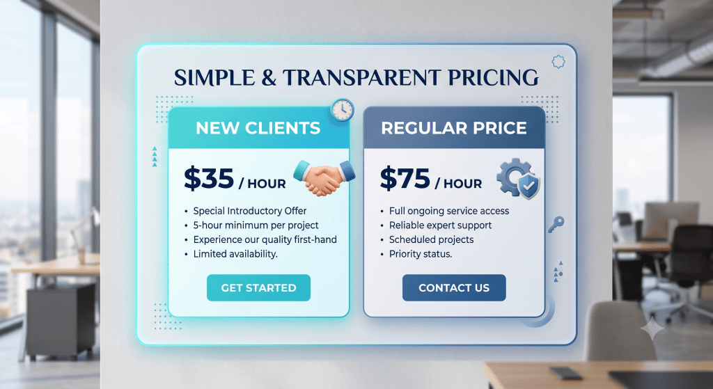 Graphic display of simple and transparent pricing plans featuring a New Client introductory rate of $35 per hour with a 5-hour minimum, alongside a Regular Price of $75 per hour for full ongoing service access and expert support.